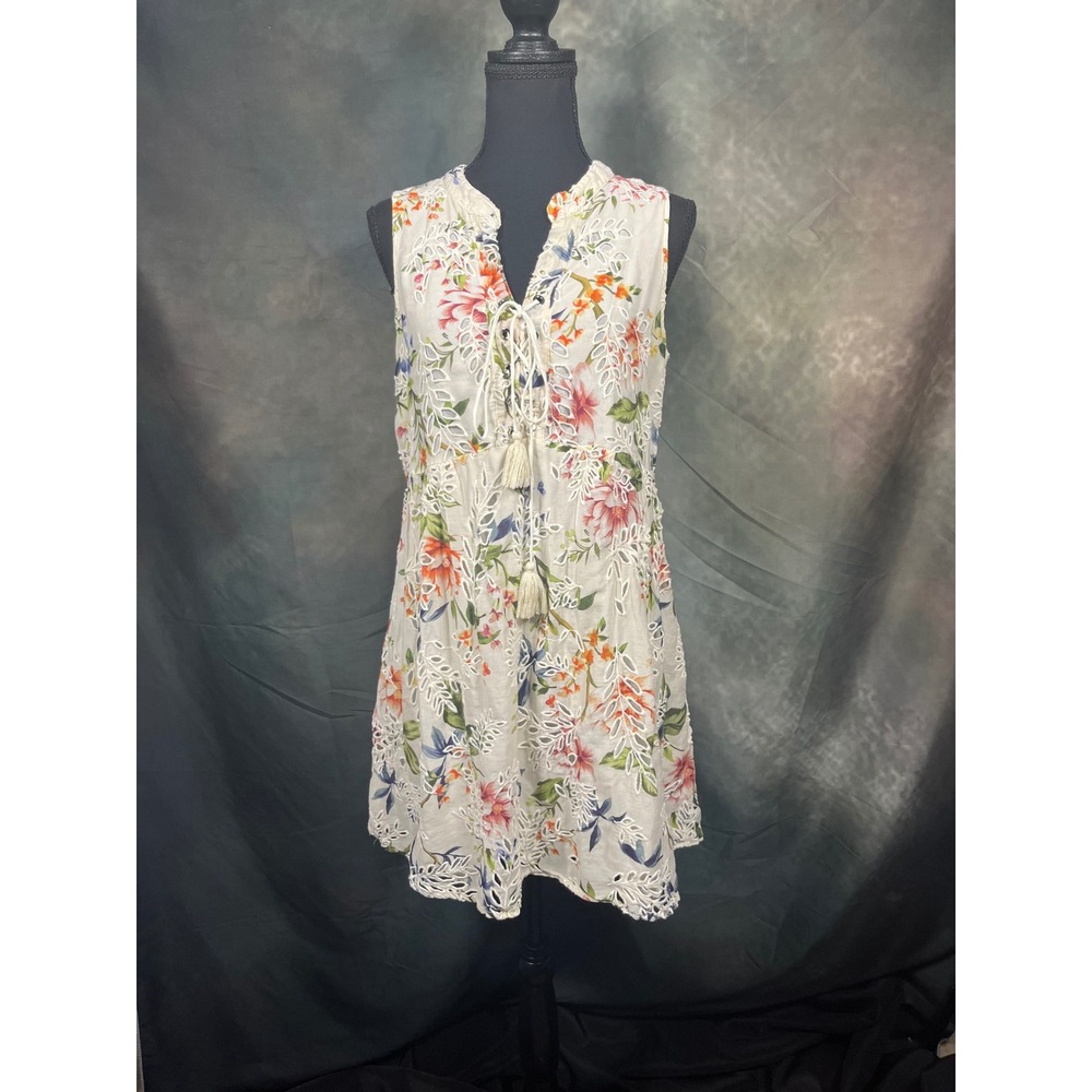Johnny Was Jade Floral Eyelet Silk Cotton Tassel Tunic Dress Ivory M